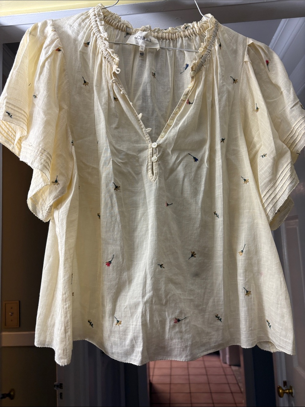 The Great Pale Yellow Embroidered Flutter Sleeve Blouse